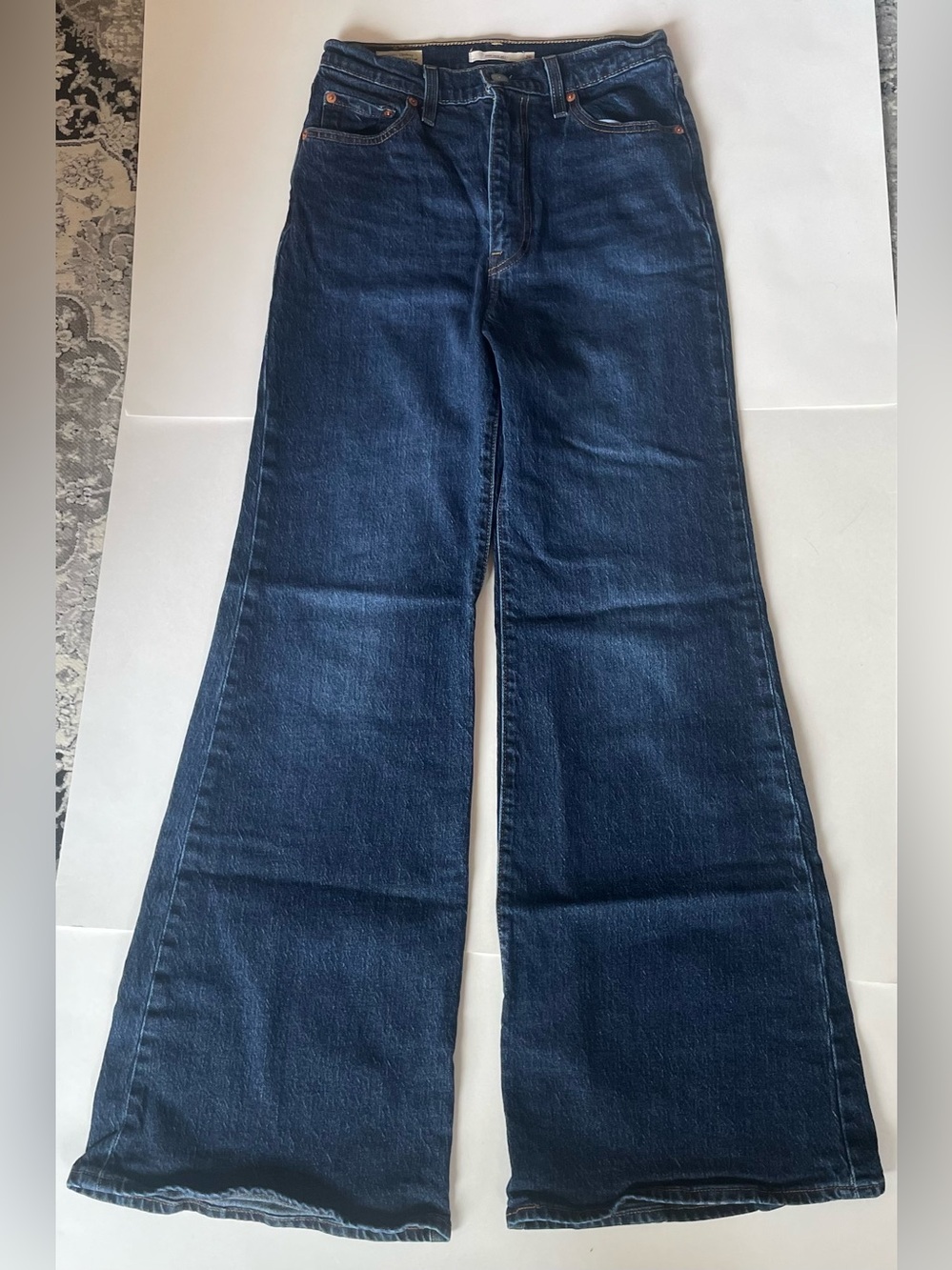 Levi’s Premium Cotton High-Rise Dark Wash Blue Flare Ribcage Bell Denim Jeans